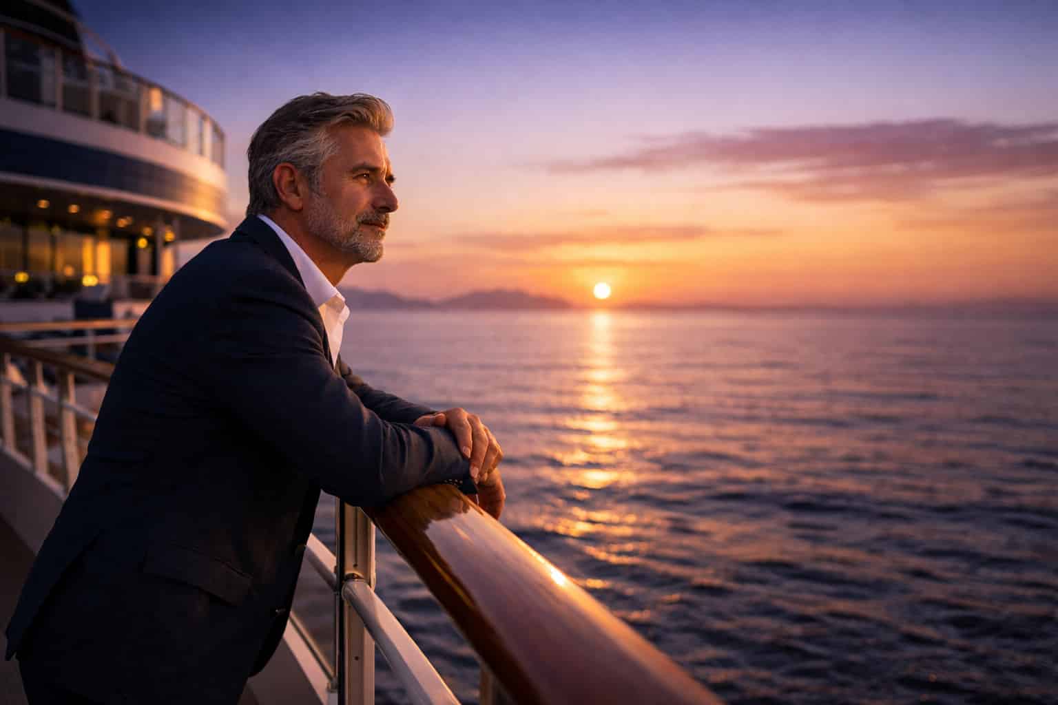 Hombre mayor viendo al horizonte al atardecer sobre un crucero de lujo