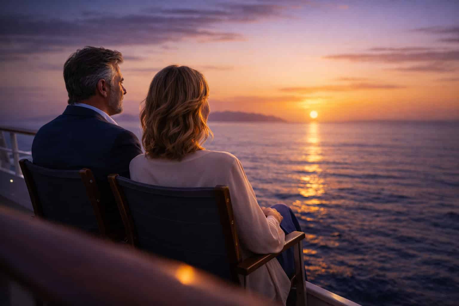 Pareja sentados en el crucero viendo el aatardecer