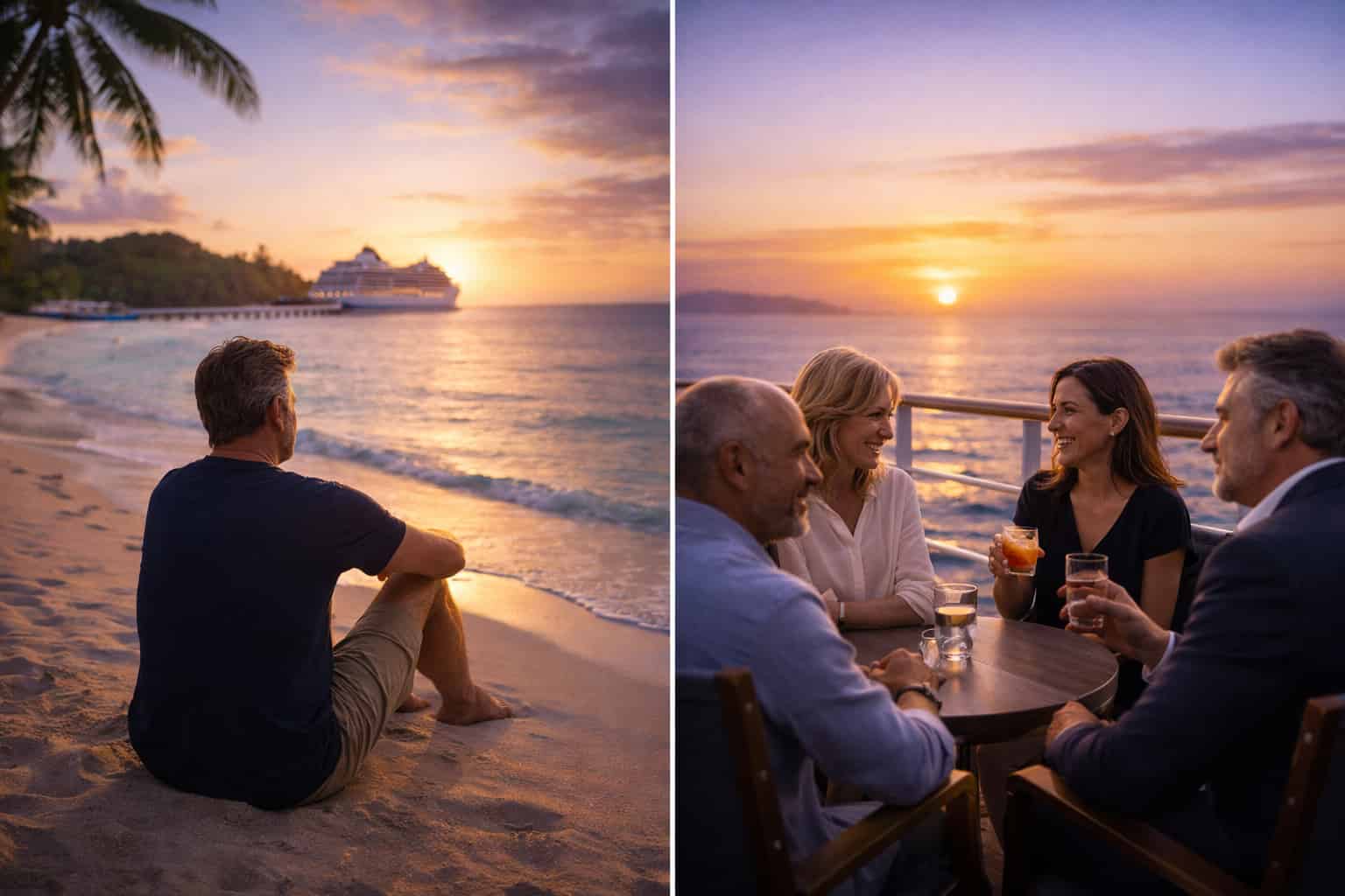 Imagen dividida izquierda un hombre sentado en la playa viendo el amanecer lado derecho una familia conversando