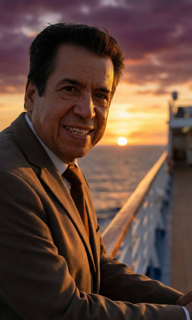 Hombre de 7 años en un crucero volteando a la cámara sonriendo