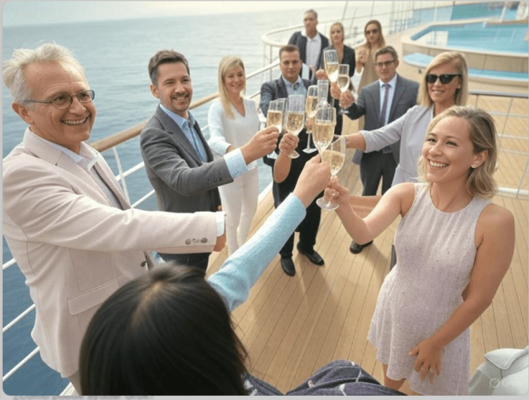 Una familia grande brindando chocando copas en el crucero