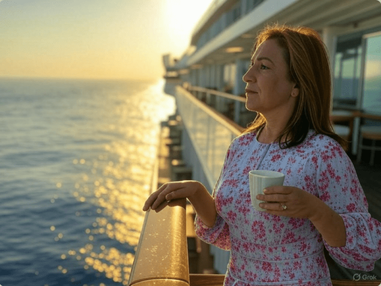 mujer con una copa en la mano viendo al horizonte