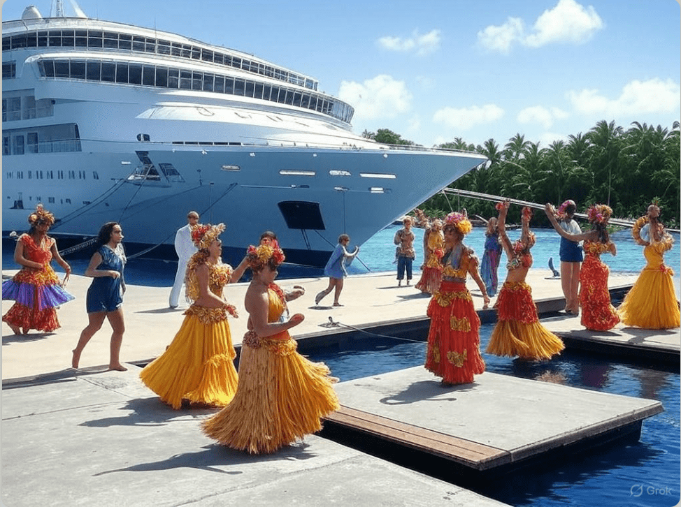 Hawainas con trajes tipicos recibiendo a viajeros del crucero