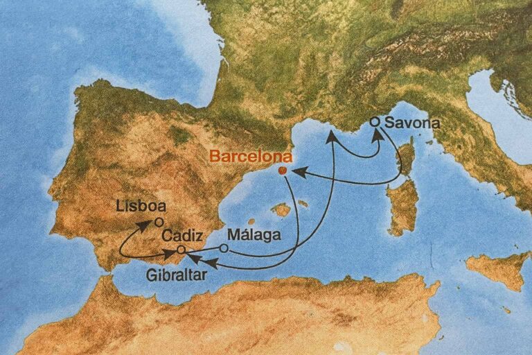 Mappa de la ruta del crucero Gibraltar, Portugal, España, Francia e Italia