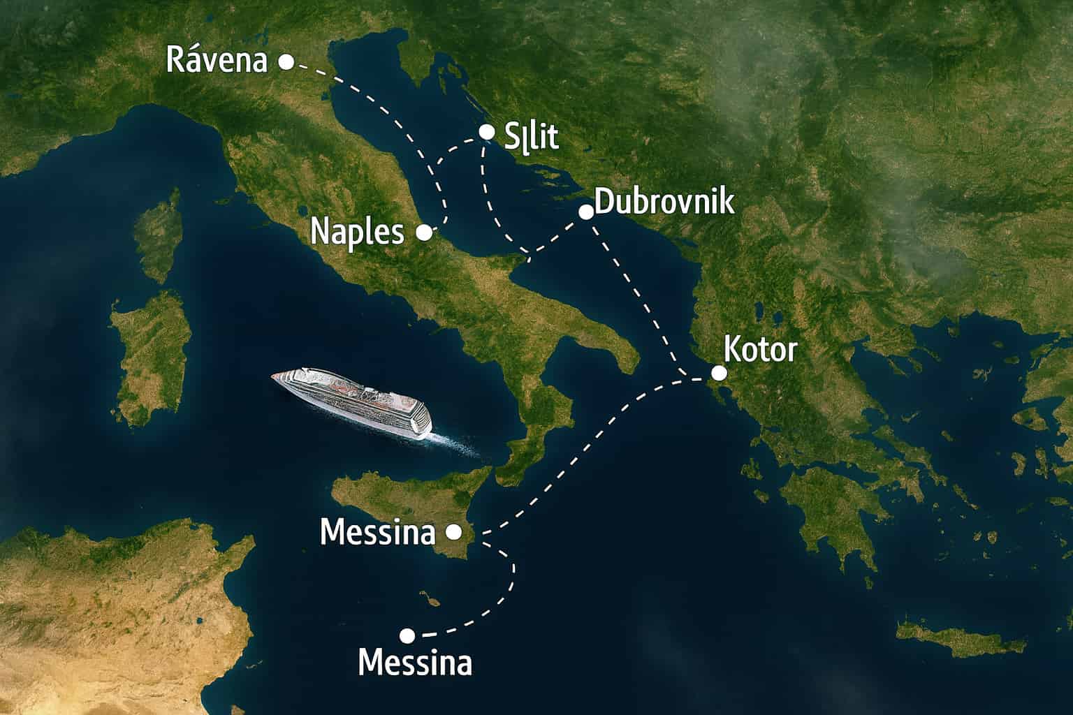 Vista satelital del Mediterráneo mostrando la ruta del crucero por Italia, Croacia y Montenegro: Rávena, Split, Dubrovnik, Kotor, Nápoles y Messina, con líneas punteadas y un barco navegando cerca de Sicilia.