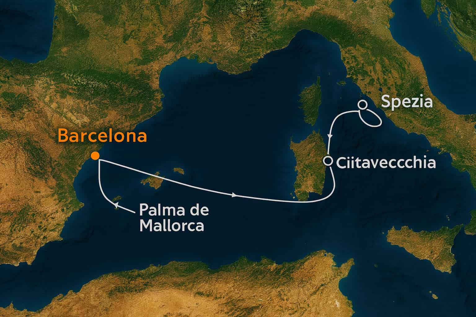 Mapa satelital del Mediterráneo occidental con la ruta de crucero desde Barcelona hacia Palma de Mallorca, Civitavecchia (Roma) y La Spezia, trazada con flechas blancas y puertos etiquetados.