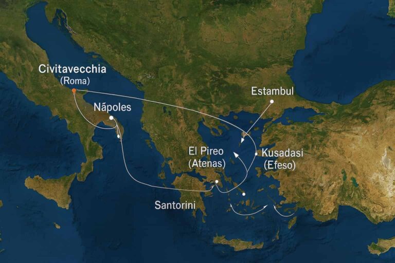 Mapa satelital del Mediterráneo oriental con línea blanca que marca el itinerario: Civitavecchia (Roma) – Nápoles – Santorini – El Pireo (Atenas) – Kusadasi (Éfeso) – Estambul – retorno a Civitavecchia