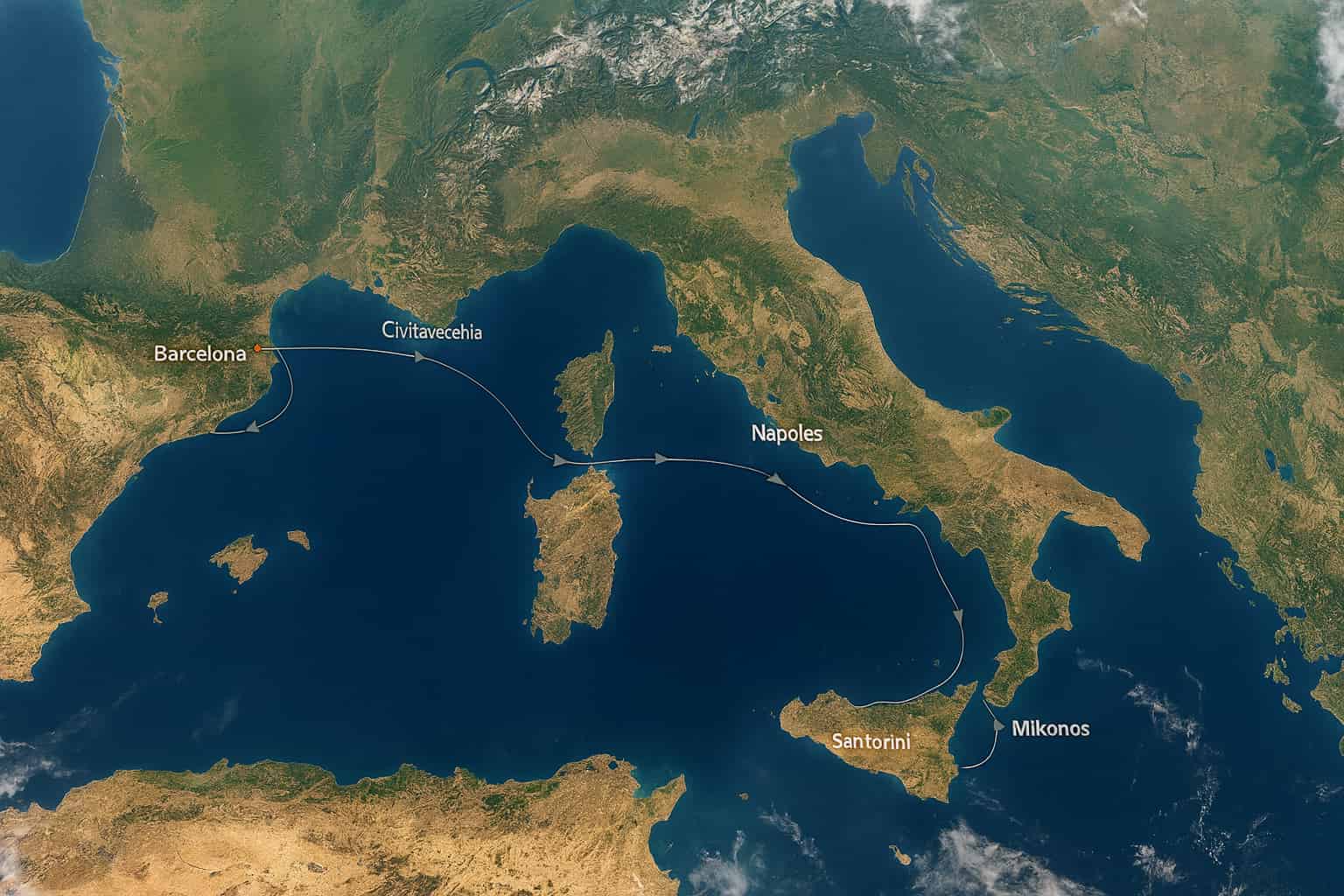 Vista aérea realista del Mediterráneo con la ruta de crucero desde Barcelona: Ajaccio (Córcega), Cagliari (Cerdeña), Palermo (Sicilia), Nápoles, Santorini, Mikonos, El Pireo y Civitavecchia (Roma).