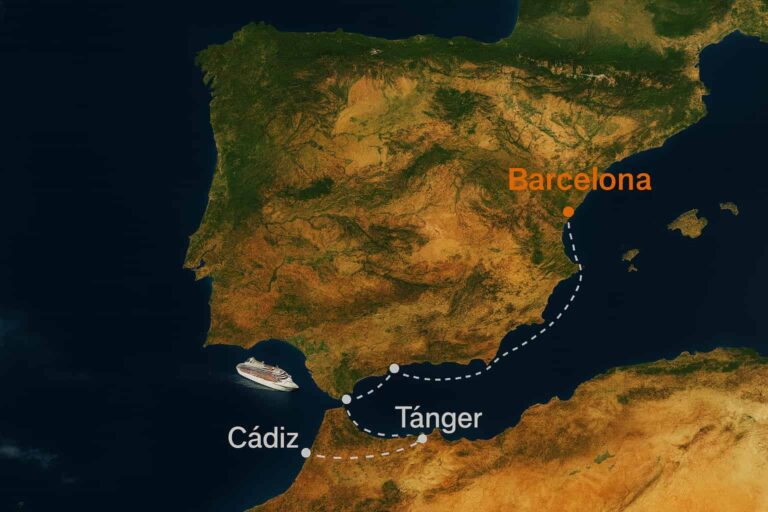 Mapa satelital realista de la Península Ibérica con ruta de crucero en líneas punteadas: salida/arribo en Barcelona, escalas en Cádiz y Tánger; barco navegando en el Estrecho