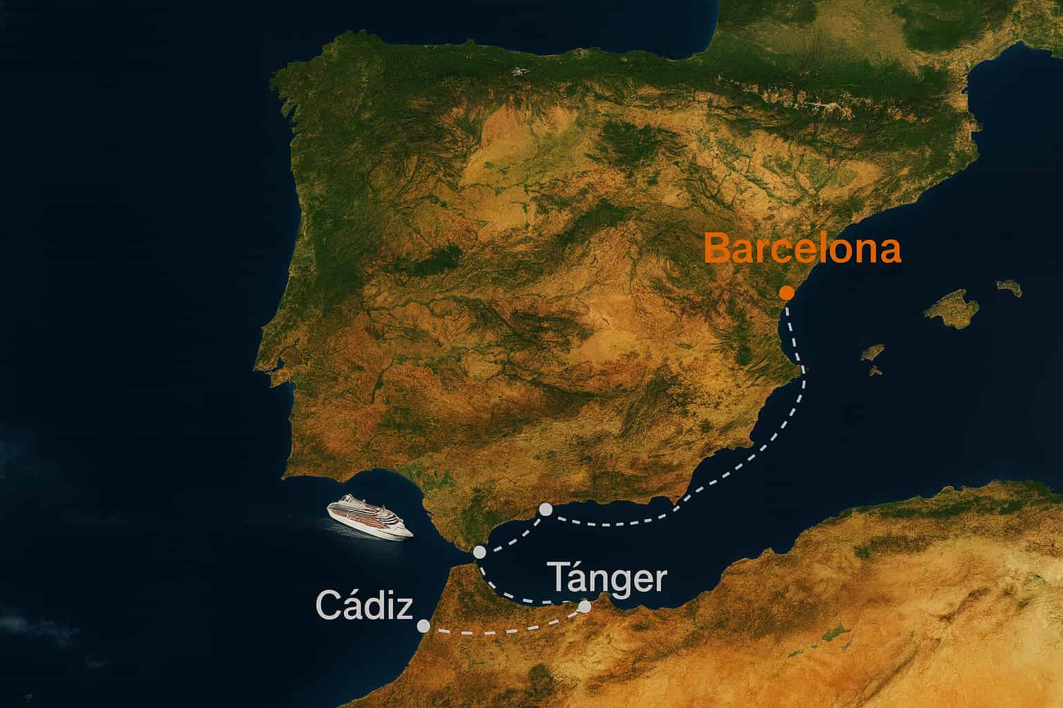 Mapa satelital realista de la Península Ibérica con ruta de crucero en líneas punteadas: salida/arribo en Barcelona, escalas en Cádiz y Tánger; barco navegando en el Estrecho