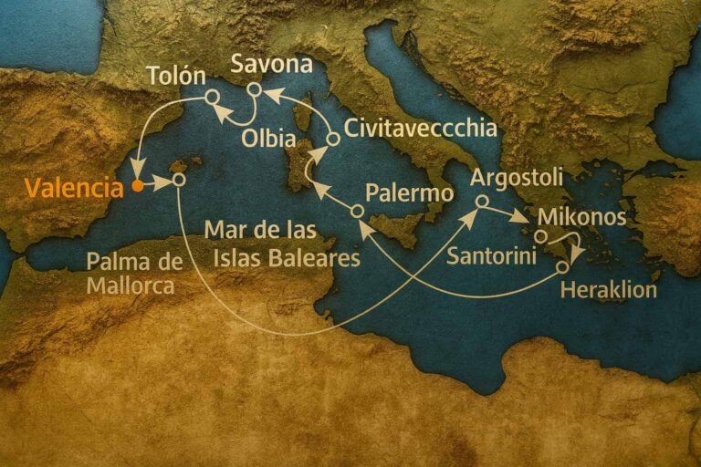 ruta de crucero por el Mediterráneo, visitando España, Francia, Italia y las islas griegas, con salida desde Valencia y paradas en Palma de Mallorca, Tolón, Savona, Olbia, Civitavecchia, Palermo, Santorini, Heraklion, Mikonos y Argostoli