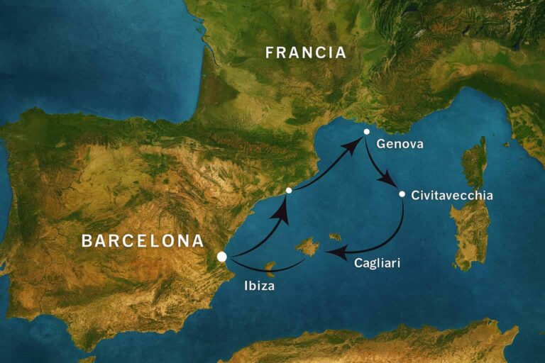Mapa satelital realista que muestra la ruta de un crucero por el Mediterráneo occidental con paradas en Barcelona, Ibiza, Cagliari, Civitavecchia, Génova y Marsella, representadas con puntos blancos y flechas negras sobre un fondo marítimo y terrestre detallado.