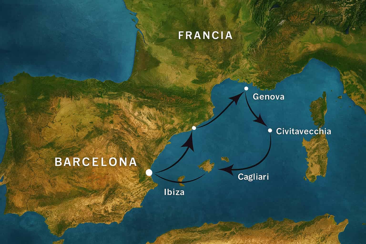 Mapa satelital realista que muestra la ruta de un crucero por el Mediterráneo occidental con paradas en Barcelona, Ibiza, Cagliari, Civitavecchia, Génova y Marsella, representadas con puntos blancos y flechas negras sobre un fondo marítimo y terrestre detallado.
