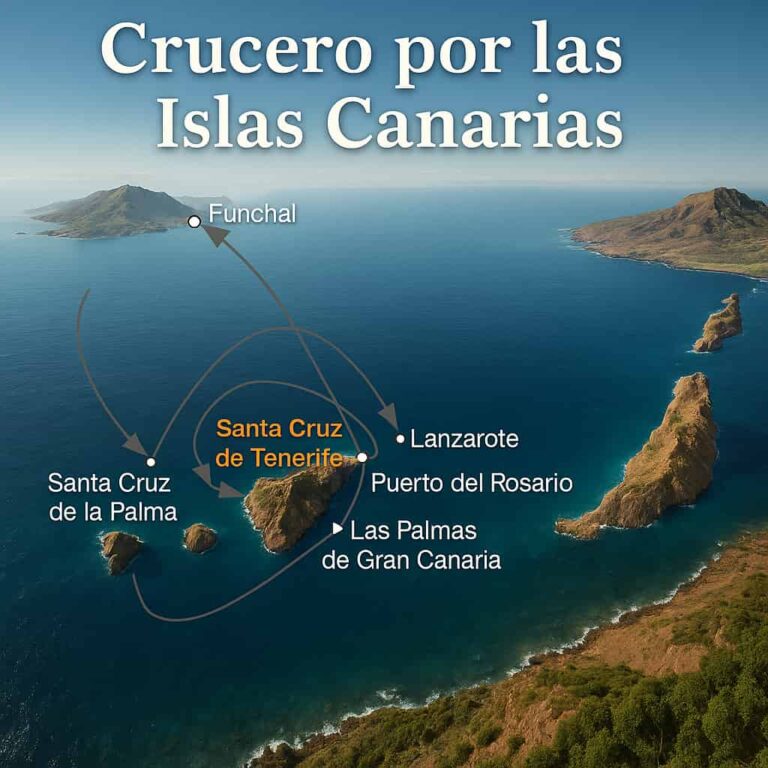Mapa hiperralista del crucero por las Islas Canarias y Funchal, mostrando las rutas entre Santa Cruz de Tenerife, Las Palmas de Gran Canaria, Puerto del Rosario, Lanzarote, Santa Cruz de la Palma y Funchal, con océano Atlántico azul profundo, vegetación y montañas detalladas desde vista aérea.