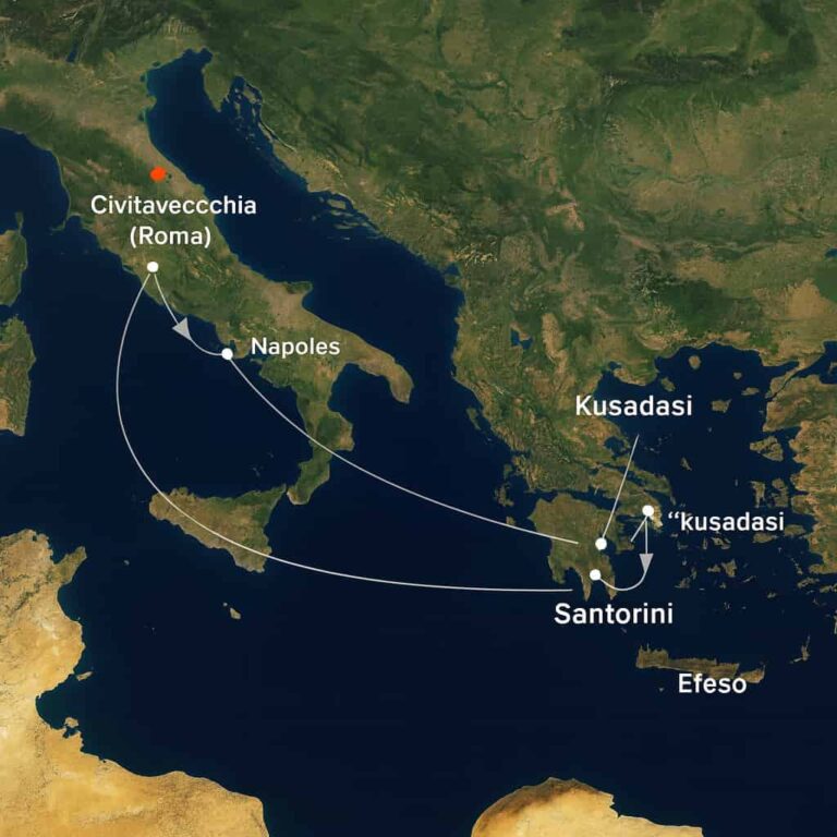 Mapa satelital del Mediterráneo con la ruta de crucero desde Civitavecchia (Roma) hacia Nápoles, Santorini, Kusadasi/Éfeso y Mikonos.