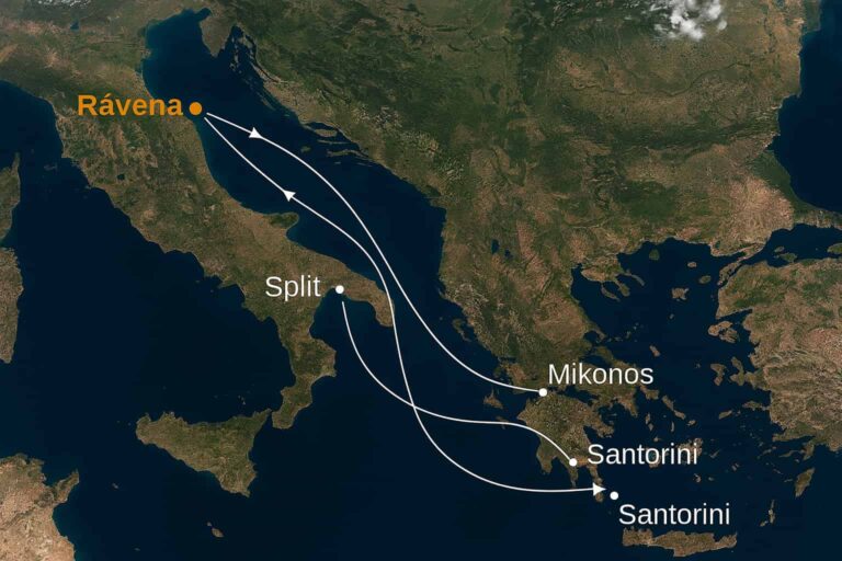 Imagen satelital del Mediterráneo oriental con la ruta de crucero desde Rávena a Split, El Pireo (Atenas), Mikonos y Santorini, marcada con flechas blancas.