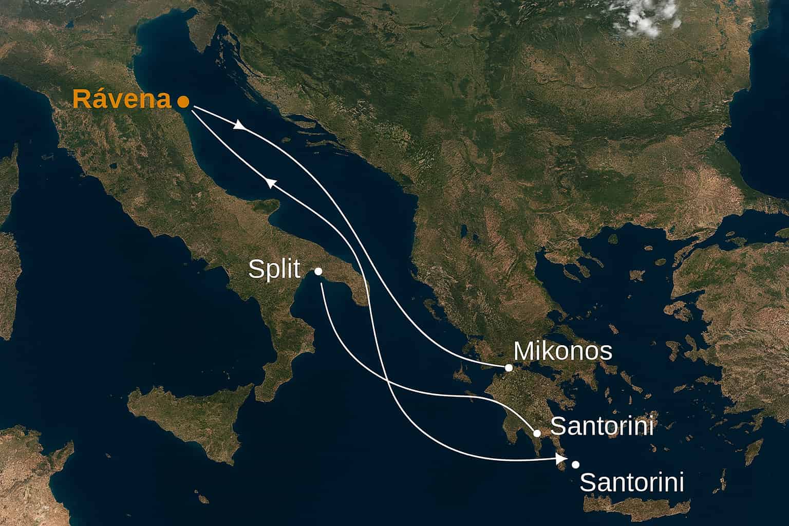 Imagen satelital del Mediterráneo oriental con la ruta de crucero desde Rávena a Split, El Pireo (Atenas), Mikonos y Santorini, marcada con flechas blancas.