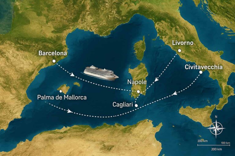 Mapa satelital del Mediterráneo con la ruta de crucero desde Barcelona hacia Ibiza, Palma de Mallorca, Cannes, Livorno, Civitavecchia, Nápoles y Cagliari; línea punteada con flechas y un barco en navegación.