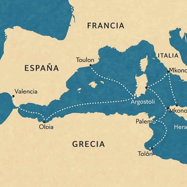 mapa de un Crucero por España, Francia, Italia y Grecia: guía completa de ruta