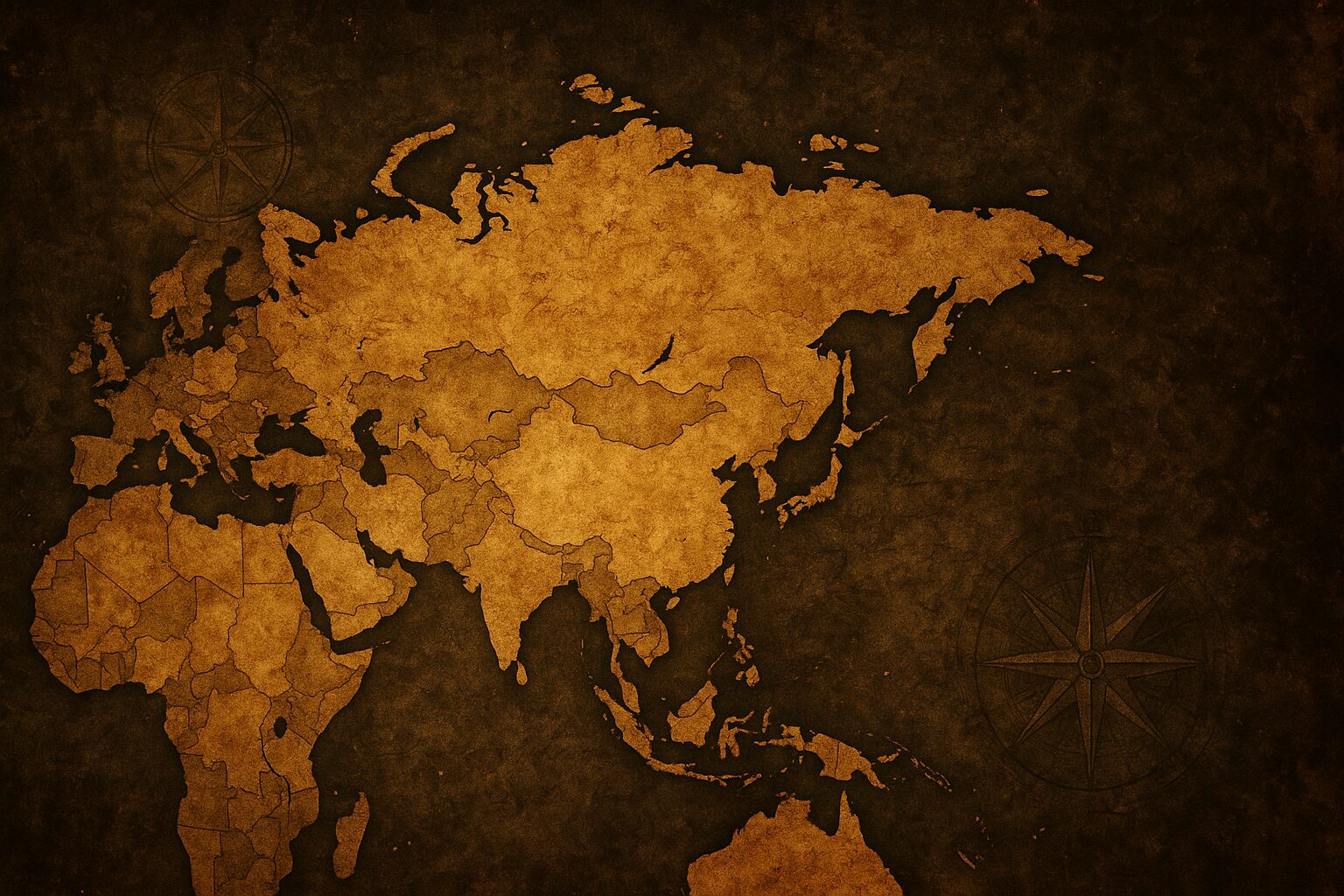 Mapa antiguo de Asia en tonos dorados sobre fondo oscuro con estilo vintage, ideal para destacar destinos de cruceros