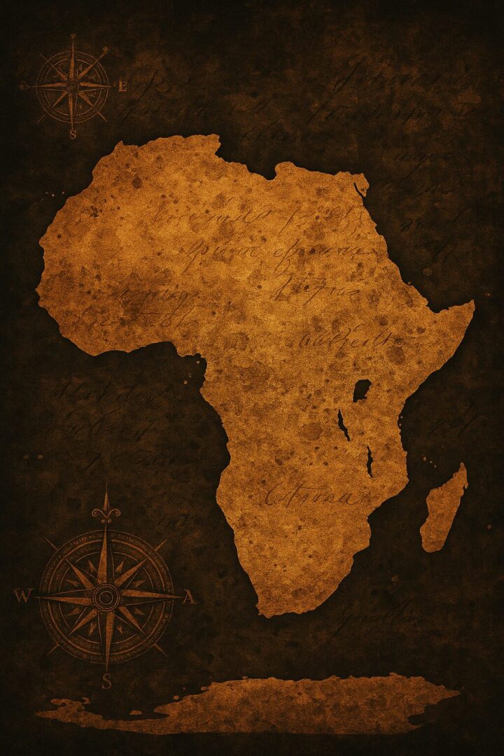 Mapa antiguo de África en estilo vintage dorado con fondo oscuro, ideal para destacar destinos de cruceros