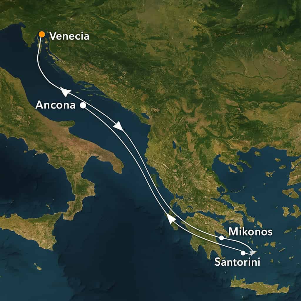 Mapa satelital realista de una ruta de crucero en el mar Adriático y Egeo, mostrando con líneas blancas el recorrido entre Venecia, Ancona, Kotor, Mikonos y Santorini, con etiquetas de las ciudades sobre un fondo de relieve terrestre y marino en tonos naturales.