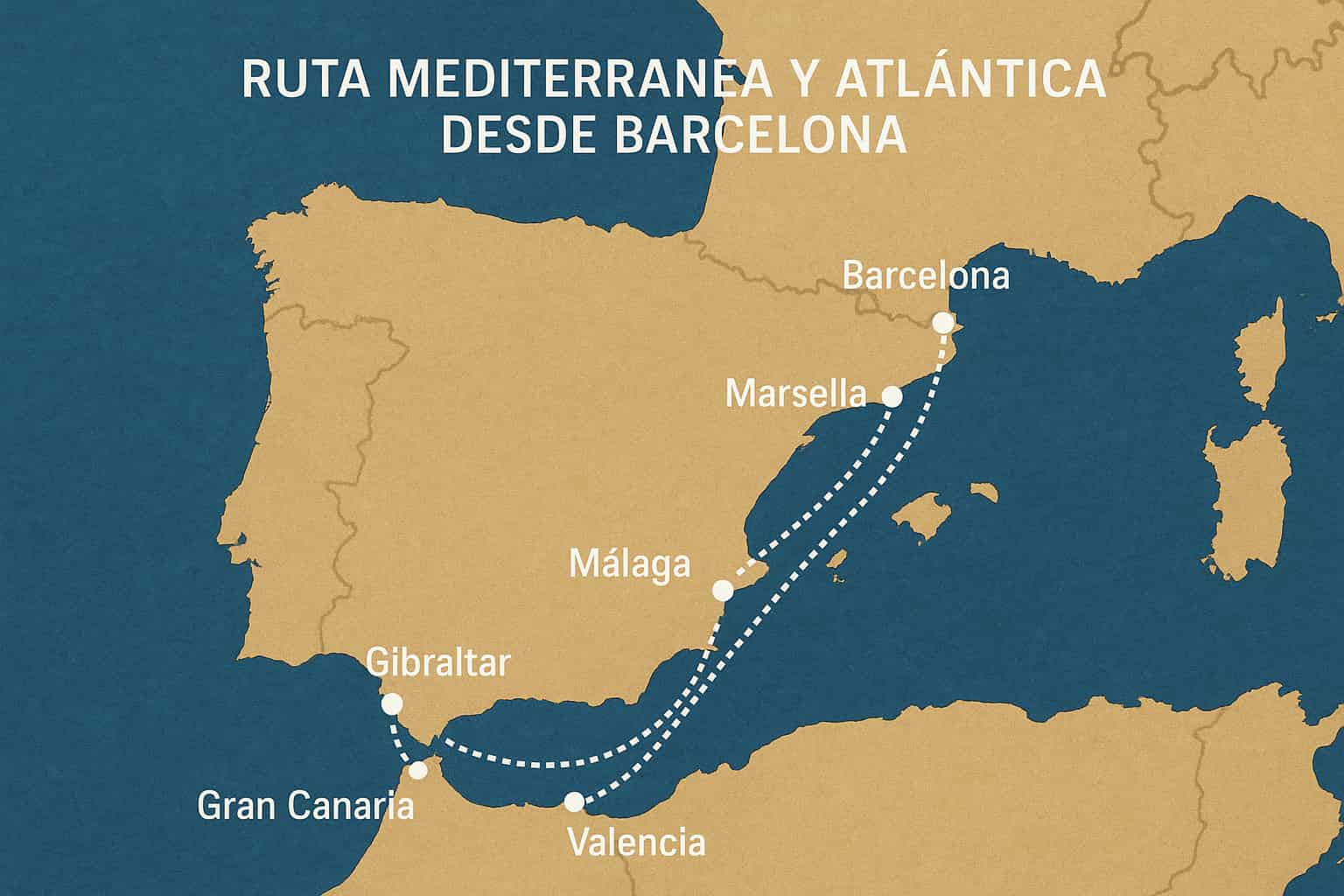 mapa iluustrado con la ruta de crucero desde barcelona incluyendo marsella, malaga, gibraltar, gran canaría y valencia