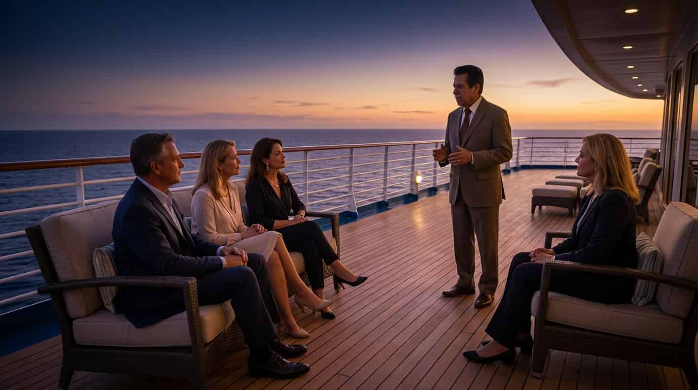 Hombre platicando con 4 personas sobre viajar en cruceros de lujo la vista es al mar sobre el crucero