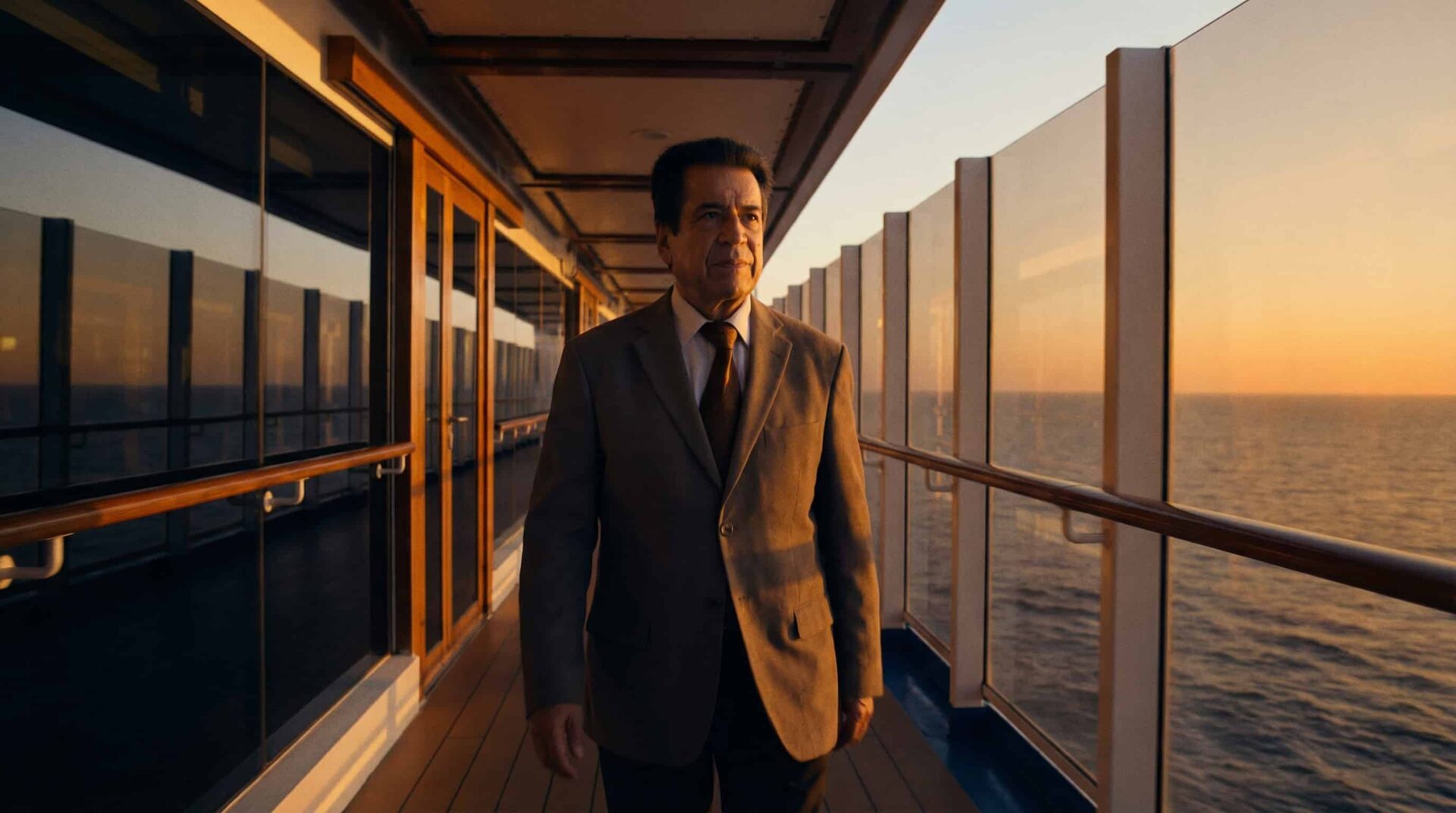 Hombre en el pasillo de un crucero de lujo viendo al frente