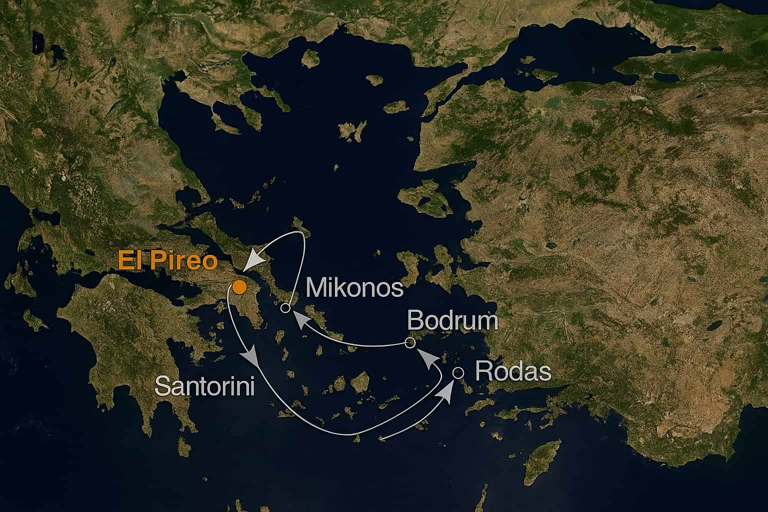 Mapa satelital realista del mar Egeo que muestra la costa de Grecia a la izquierda y la costa de Turquía a la derecha. Se señalan con texto los puertos del itinerario de crucero: “El Pireo” en naranja cerca de Atenas, “Santorini” al sur, “Mikonos” en el centro, “Bodrum” en la costa turca y “Rodas” más al sureste. Sobre el mar aparecen flechas curvas blancas que conectan los puntos en forma de ruta circular, indicando el recorrido del crucero desde El Pireo hacia las islas griegas, luego a Turquía y de regreso.