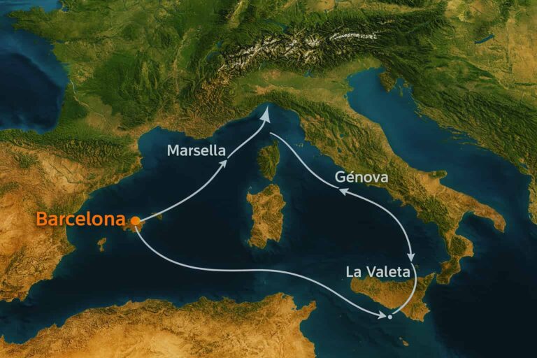 Mapa de la Ruta de crucero Barcelona – Marsella – La Valeta – Génova – Nápoles – Savona