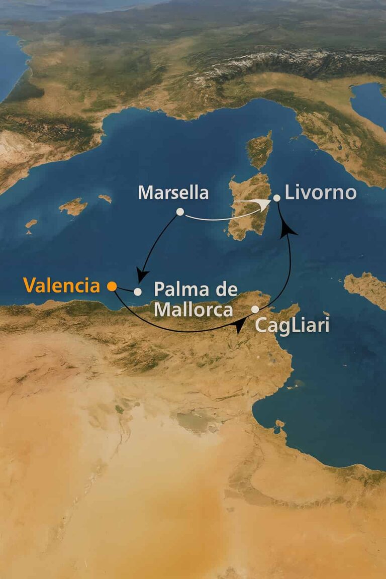 Mapa de la Ruta de crucero Valencia - Cagliari (Cerdeña) - Civitavecchia (Roma) - Livorno (FlorenciaPisa) - Marsella - Palma de Mallorca - Valencia