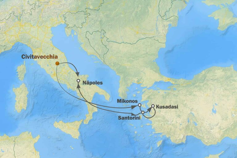 Mapa con la ruta en crucero de lujo Gracia Turquía Italia