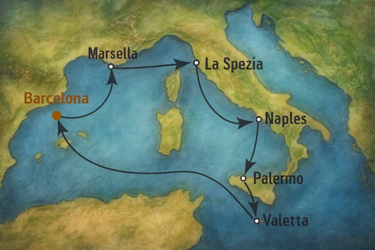 Mapa de ruta de crucero por el Mediterráneo desde Barcelona pasando por Marsella, La Spezia, Nápoles, Palermo y finalizando en La Valeta