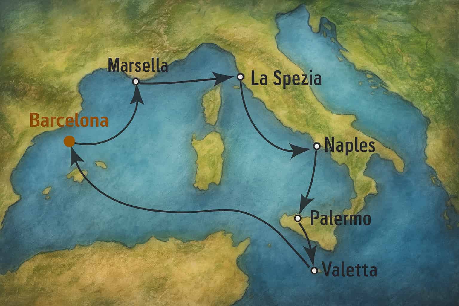 Mapa de ruta de crucero por el Mediterráneo desde Barcelona pasando por Marsella, La Spezia, Nápoles, Palermo y finalizando en La Valeta