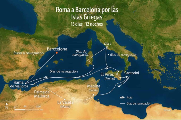 Mapa satelital del Mediterráneo con la ruta de crucero “Roma a Barcelona por las Islas Griegas (13 días | 12 noches)”: Civitavecchia (Roma), El Pireo (Atenas), Santorini, Kusadasi, Mikonos, La Valeta (Malta), Mesina (Sicilia), Palma de Mallorca y llegada a Barcelona; flechas blancas señalan los días de navegación, con escala y rosa de los vientos.