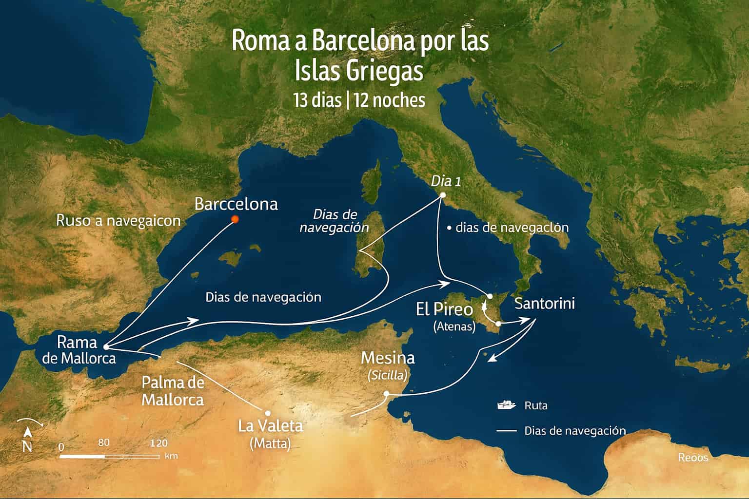 Mapa satelital del Mediterráneo con la ruta de crucero “Roma a Barcelona por las Islas Griegas (13 días | 12 noches)”: Civitavecchia (Roma), El Pireo (Atenas), Santorini, Kusadasi, Mikonos, La Valeta (Malta), Mesina (Sicilia), Palma de Mallorca y llegada a Barcelona; flechas blancas señalan los días de navegación, con escala y rosa de los vientos.