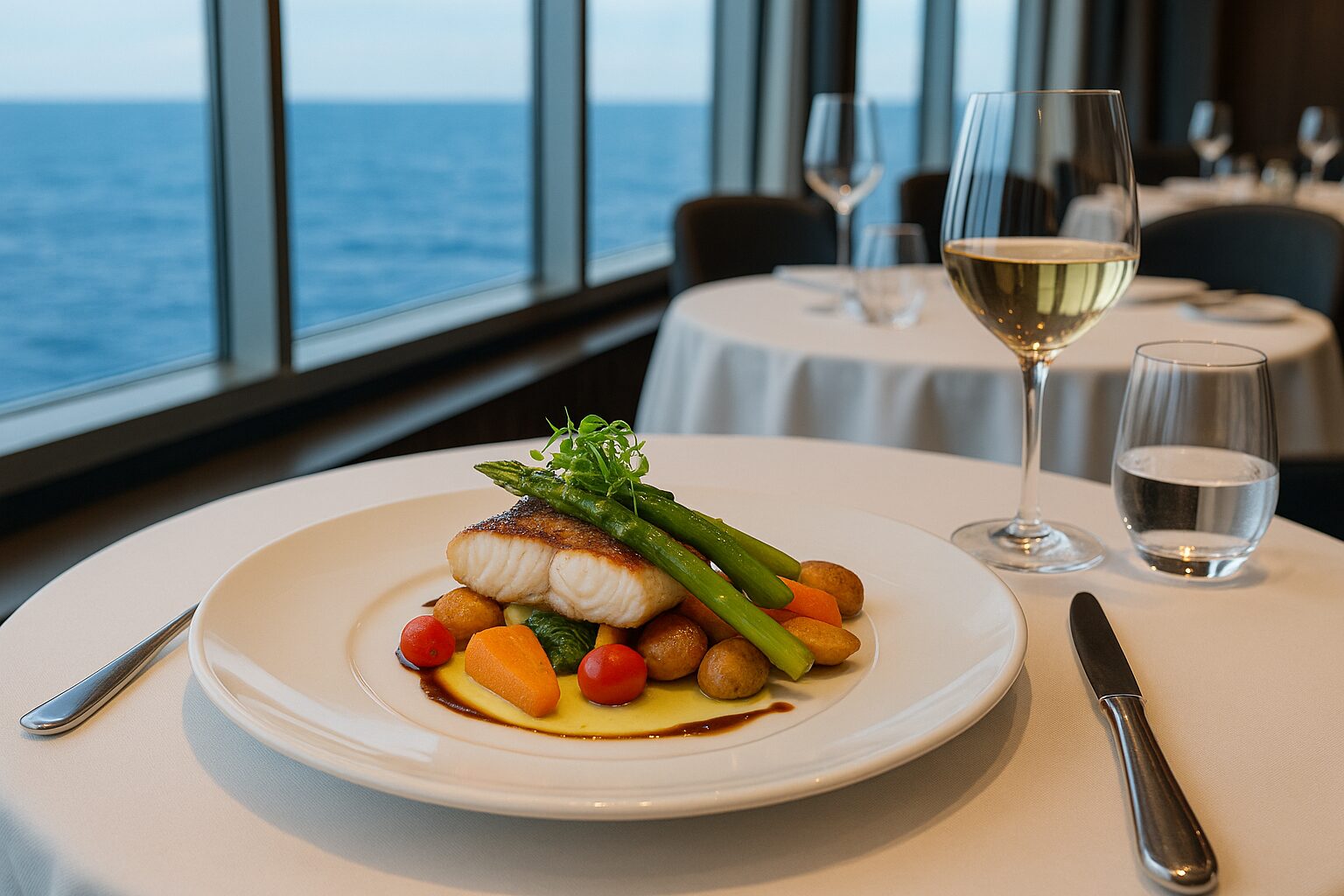 Plato gourmet servido en un restaurante de crucero de lujo con vista panorámica al océano.