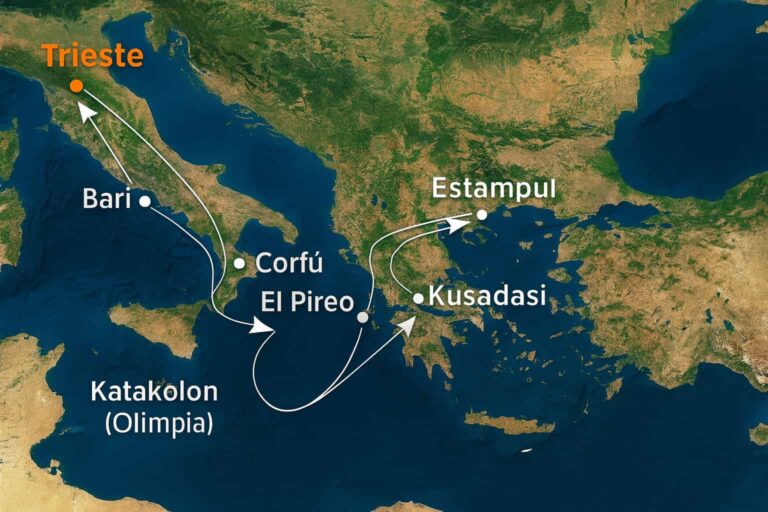 Mapa satelital del Mediterráneo con ruta de crucero desde Trieste a Bari, Katakolon (Olimpia), El Pireo, Corfú, Kusadasi y Estambul, marcada con flechas blancas.