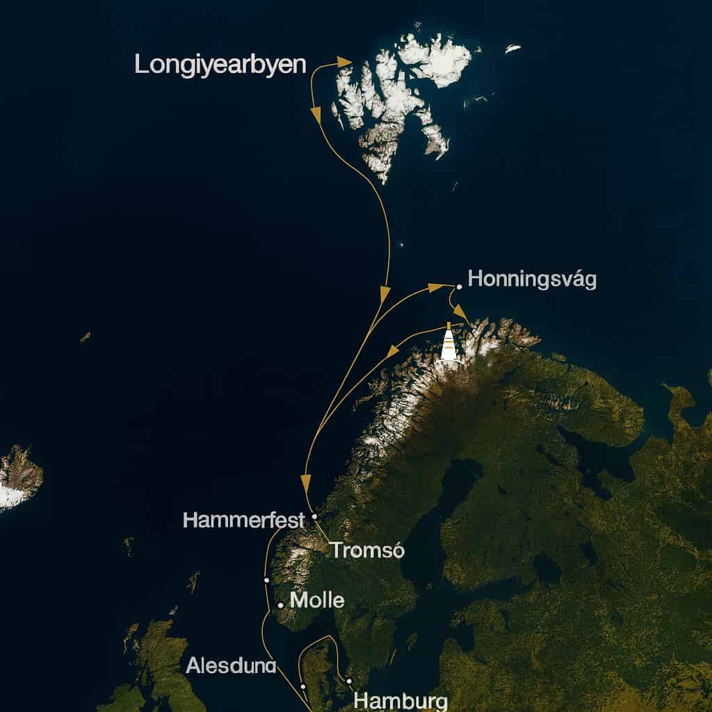 Mapa satelital del norte de Europa con ruta marítima desde Hamburgo hacia la costa de Noruega—Bergen, Ålesund, Molde, Trondheim, Leknes (Lofoten), Tromsø, Hammerfest y Honningsvåg—hasta Longyearbyen en Svalbard; líneas doradas con flechas sobre mar azul profundo y puertos marcados con puntos blancos.