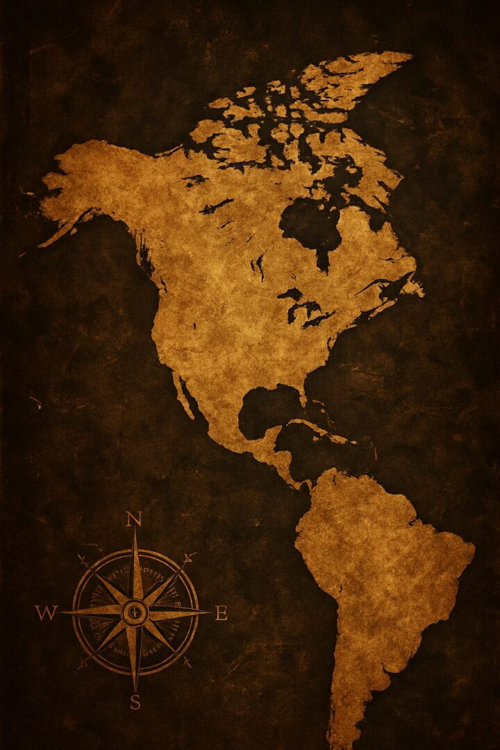 Mapa antiguo de América con tonos dorados y fondo oscuro en estilo vintage, ideal para destinos de cruceros
