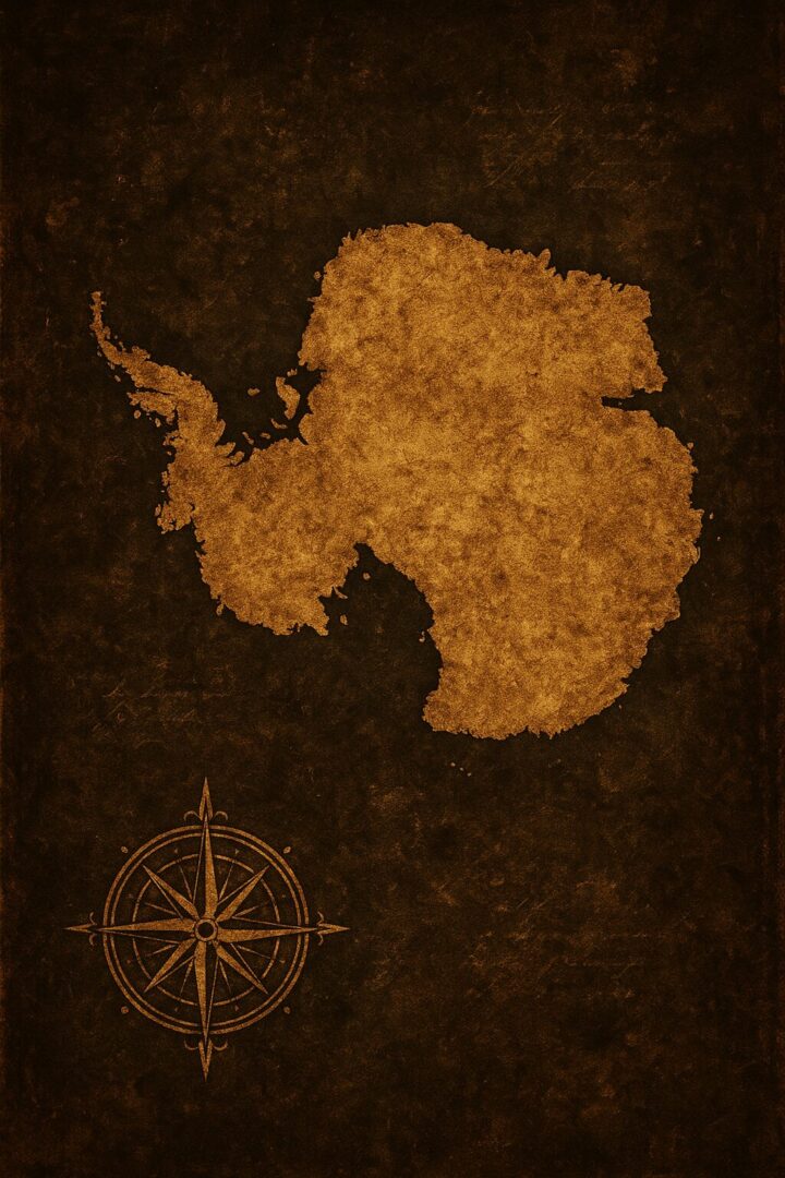 Mapa antiguo de la Antártida en estilo vintage con fondo oscuro y tonos dorados, ideal para destinos de cruceros.