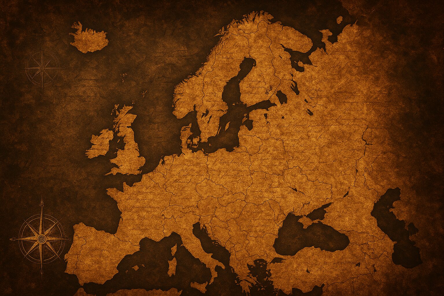Mapa antiguo de Europa en estilo vintage con tonos dorados y fondo oscuro, resaltando posibles destinos de cruceros