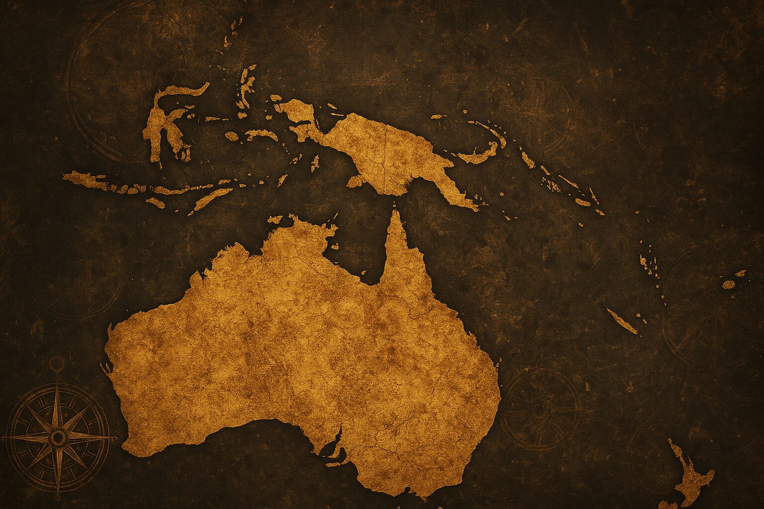 Mapa antiguo de Oceanía con Australia en tonos dorados y fondo oscuro, estilo vintage para destinos de cruceros.