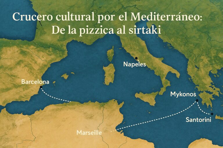 Ruta marítima del crucero cultural por el Mediterráneo, uniendo Italia, Grecia y Malta sobre un mar azul vibrante