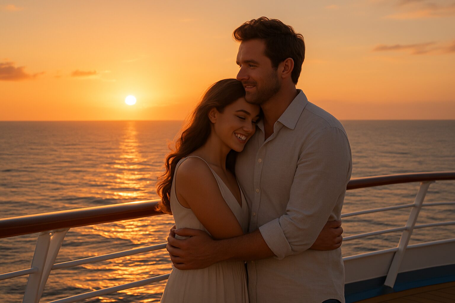 Pareja abrazada en la cubierta de un crucero de lujo durante un atardecer dorado en alta mar.