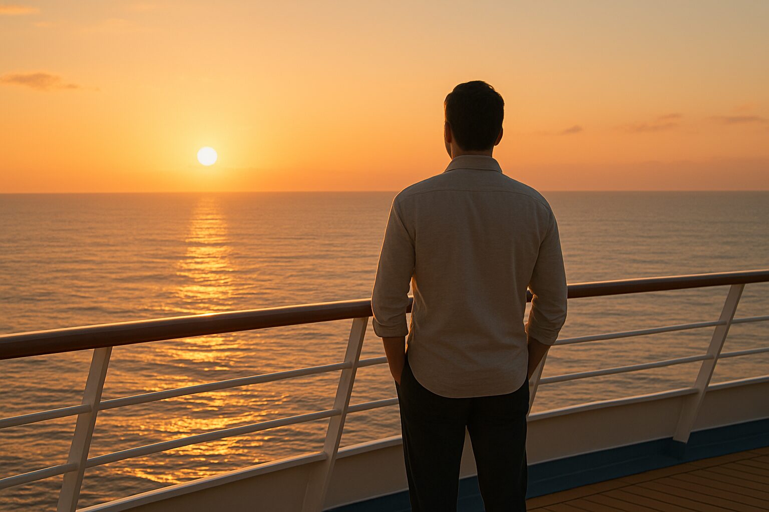 Persona contemplando el amanecer desde la cubierta de un crucero de lujo, simbolizando transformación personal y éxito.