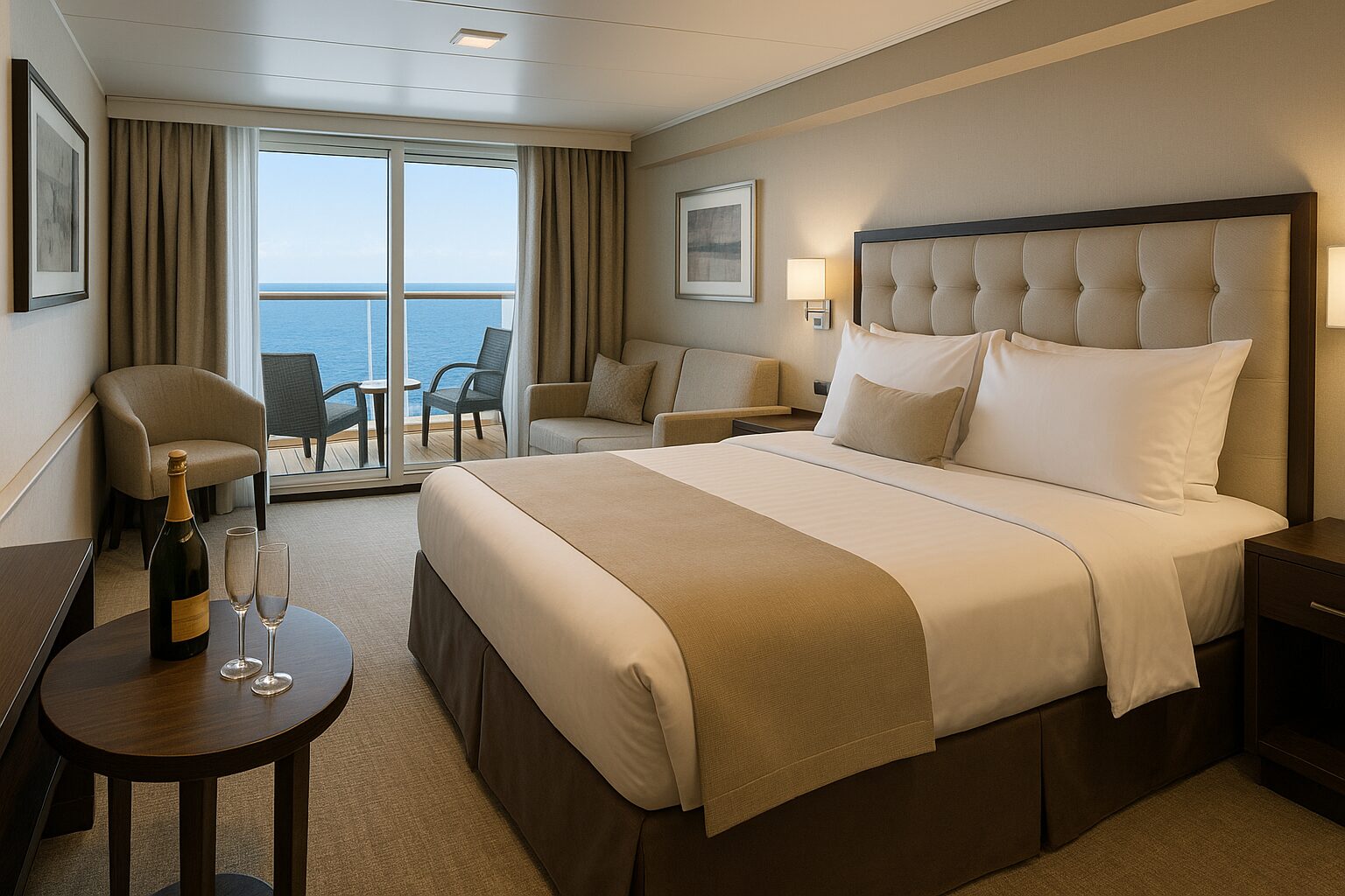 Suite privada en crucero de lujo con vistas al mar y botella de champaña, representando exclusividad y confort total.