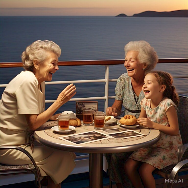 Abuela, madre e hija en una mesa disfrutando en un crucero