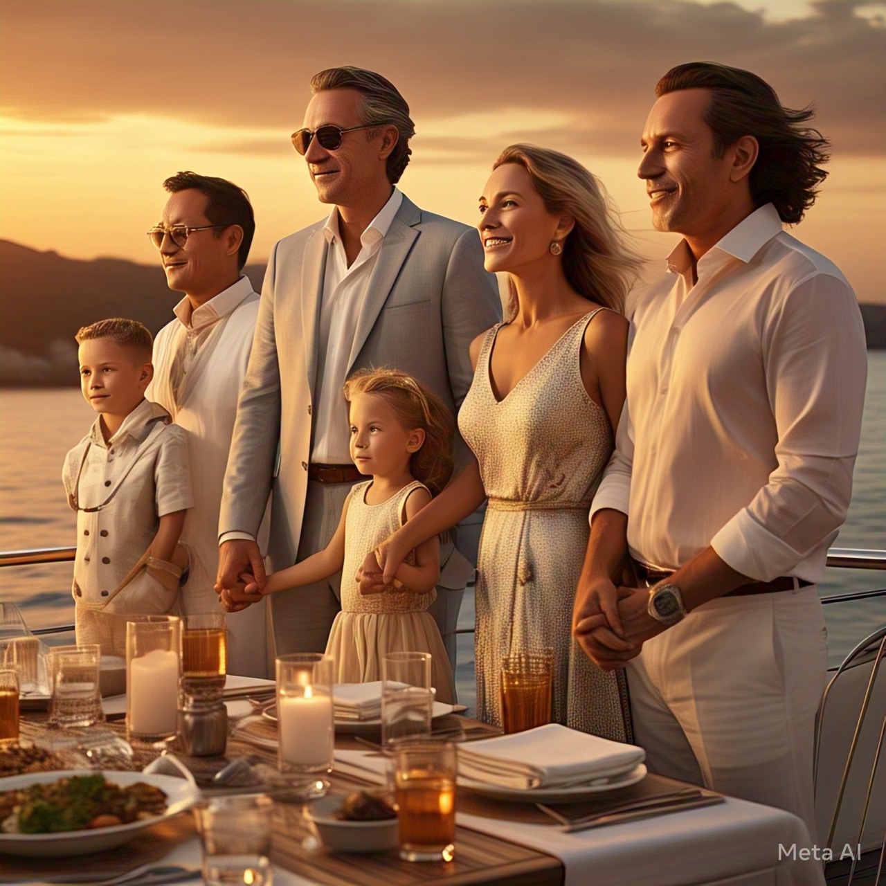 Familia viendo al horizonte en un crucero 2 niños y 4 adultos